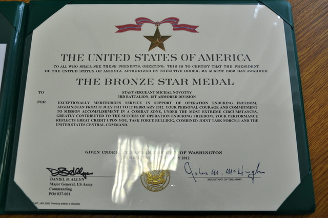 Certifikát k ocenění Bronze Star Medal