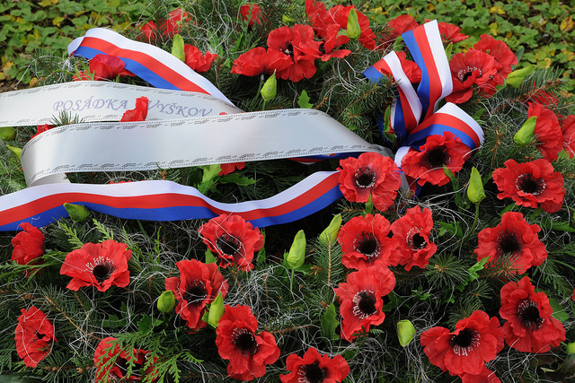 Věnec z vlčích máků položili zástupci posádky Vyškov u památníku Vojáci vojákům