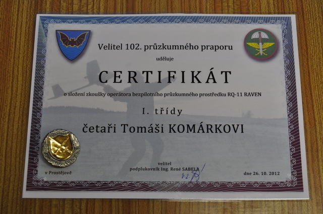Certifikát o udělení třídností operátorům RAVEN AČR