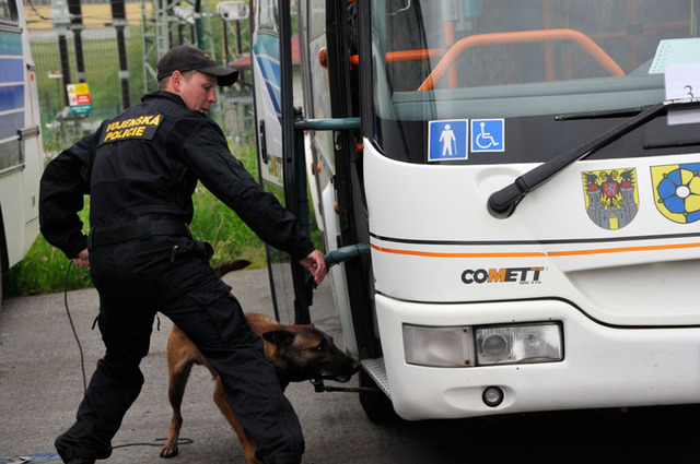 Nadporučík Viktor Stehlík s velmi ambiciozním psem Luckym vnikají do autobusu v táborském Comettu
