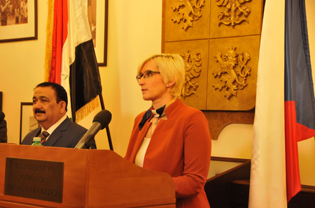 Tisková konference ministryně obrany Karly Šlechtové a iráckého ministra obrany Erfana Mahmooda Abdalgafoura Al-Heialiho. 