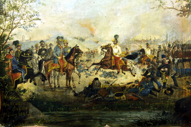 Rakousko-uherské obrazové hodiny - malba zobrazuje rakouského maršála Jana Václava Radeckého z Radče po vítězné bitvě u Novary v březnu roku 1849