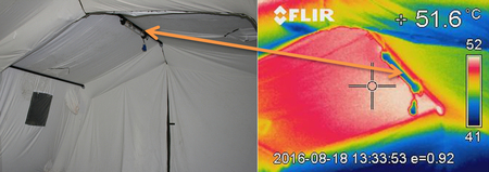  Termosnímek ukazuje vysokou teplotu povrchu stropu stanu v letních podmínkách