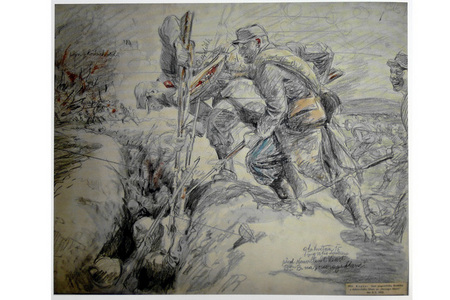 František Kupka: Smrt praporečníka Bezdíčka a dobrovolníka Šíbala u Arrasu. Francie, 1915–1918, akvarel, ruční papír s vodoznakem