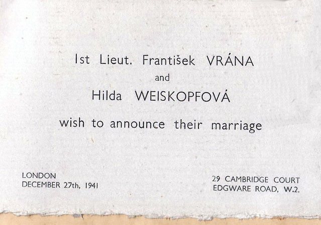 Svatební oznámení F. Vrány a H. Weiskopfové