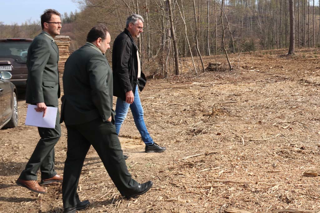 Petr Král seznamuje ministra obrany s tím, jak probíhá obnova lesa na kalamitních holinách