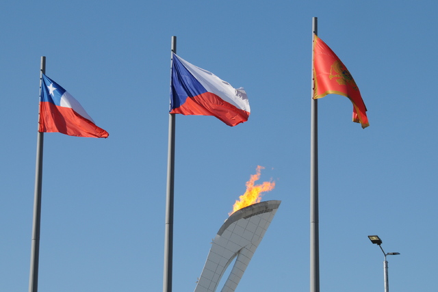 Česká vlajka u olympijského ohně v Soči