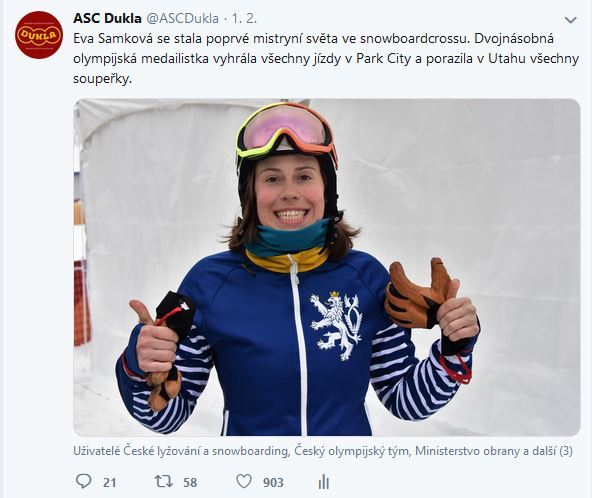 Eva Samková je poprvé mistryní světa, twittrová stránka ASC DUKLA