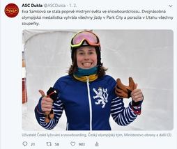 Eva Samková je poprvé mistryní světa, twittrová stránka ASC DUKLA