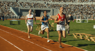 Herbert Schade (Štěpán Juránek), Alain Mimoun (Saji Abdelkabir) a Emil Zátopek (Václav Neužil), OH Helsinky 1952