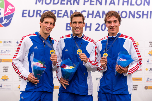 Bronzový tým z ME moderních pětibojařů - Ondřej Polívka, David Svoboda, Jan Kuf (autor foto: F. Komorous)
