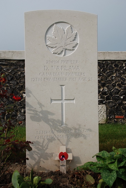 Nový náhrobní kámen ženisty Dominika Náplavy je vyroben z mramoru. Protože vojín Náplava sloužil v kanadské armádě, je jméno vytesáno bez diakritiky.  Unikátem je český epitaf v dolní části: „LEHKOU TI ZEMĚ BELGIE, CHLOUBO MATKY ČECHIE“. V zemi je zapíchnutý dřevěný vzpomínkový křížek s vlčím mákem a českou trikolórou.