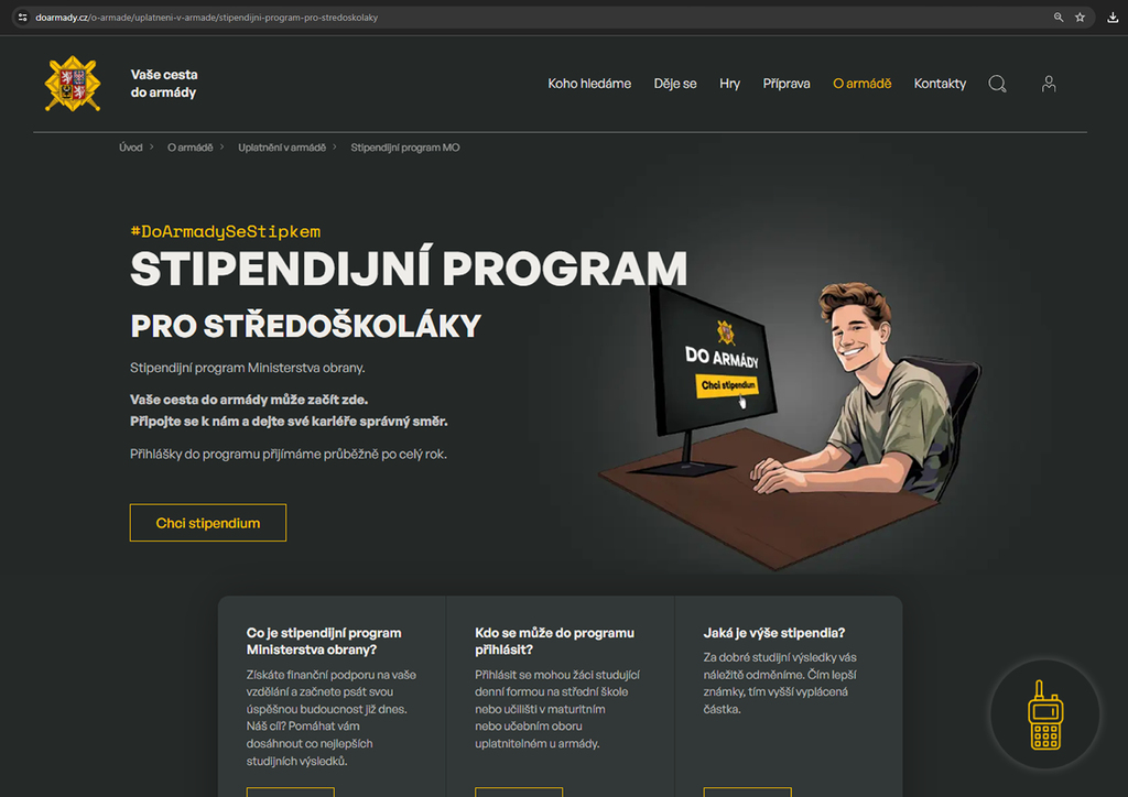 O stipendijním programu MO informuje web doarmady.cz