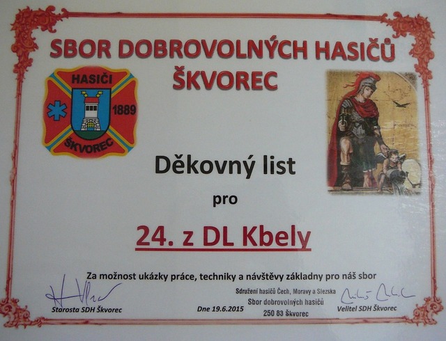 Děkovný list od škvoreckých hasičů