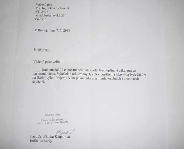 Děkovný dopis ředitelky ZŠ a SŠ Sviny